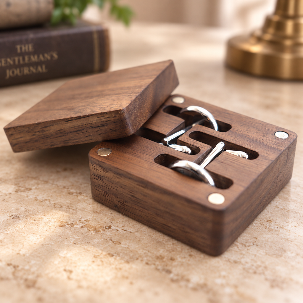 Black walnut cufflink box with a compact lidded design, styled in warm natural light.