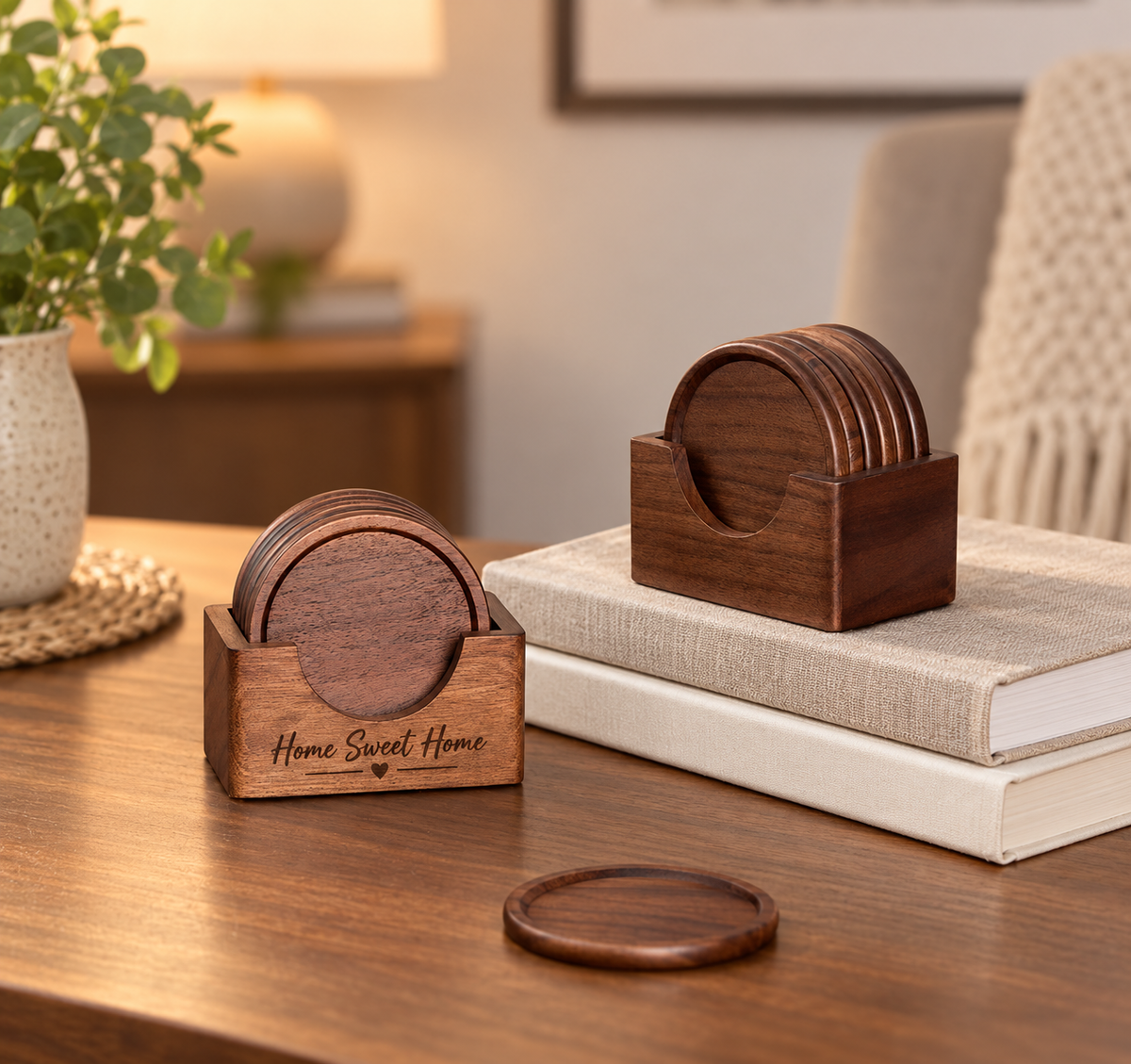 Black walnut drink coasters showing rich natural wood grain and a smooth handcrafted surface.