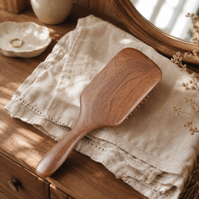 Black walnut hair brush showing the rich natural wood grain and smooth handcrafted finish.