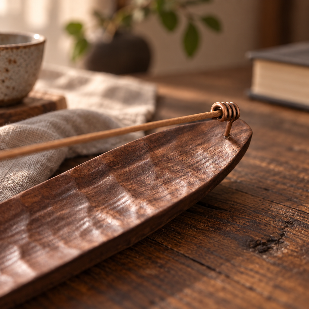 Black walnut incense holder shown with a size guide for product scale and proportions.