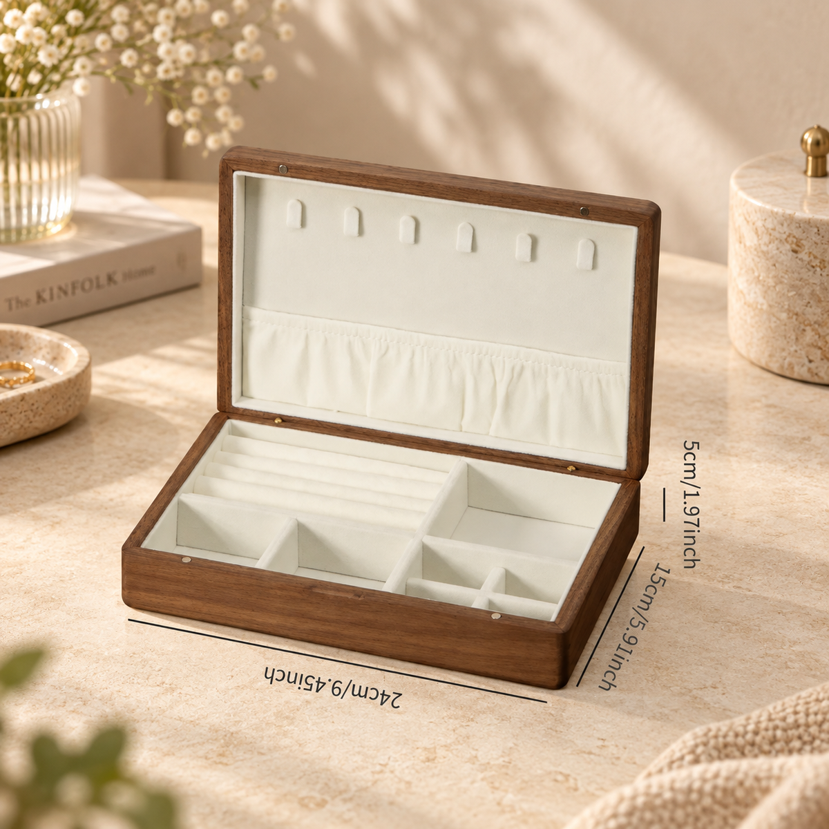 Black walnut jewelry box showing rich natural wood grain, a smooth handcrafted finish, and an elegant display design.