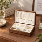 Black walnut jewelry box with a soft lined interior, designed for organizing necklaces, rings, bracelets, and watches.