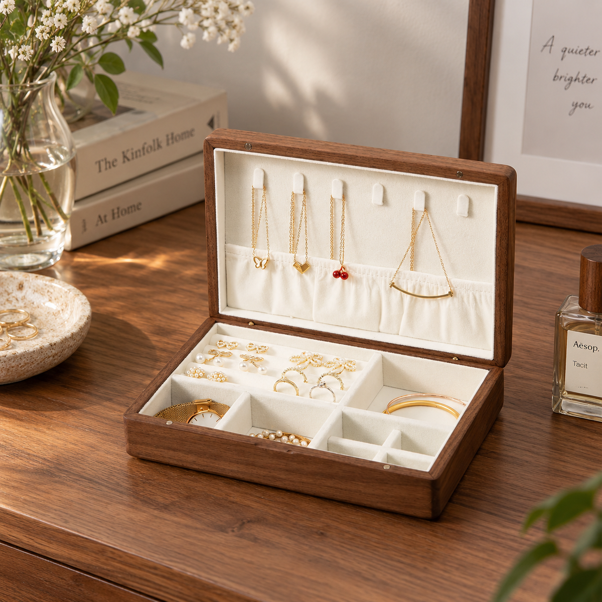 Black walnut jewelry box with a soft lined interior, designed for organizing necklaces, rings, bracelets, and watches.