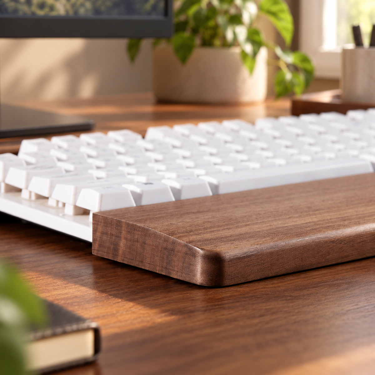 Black walnut keyboard palm rest designed to support the wrists during typing and everyday computer use.