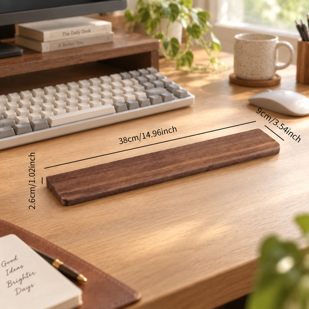 Black walnut keyboard wrist rest styled in a modern desk setup with a mechanical keyboard for everyday typing and computer use.