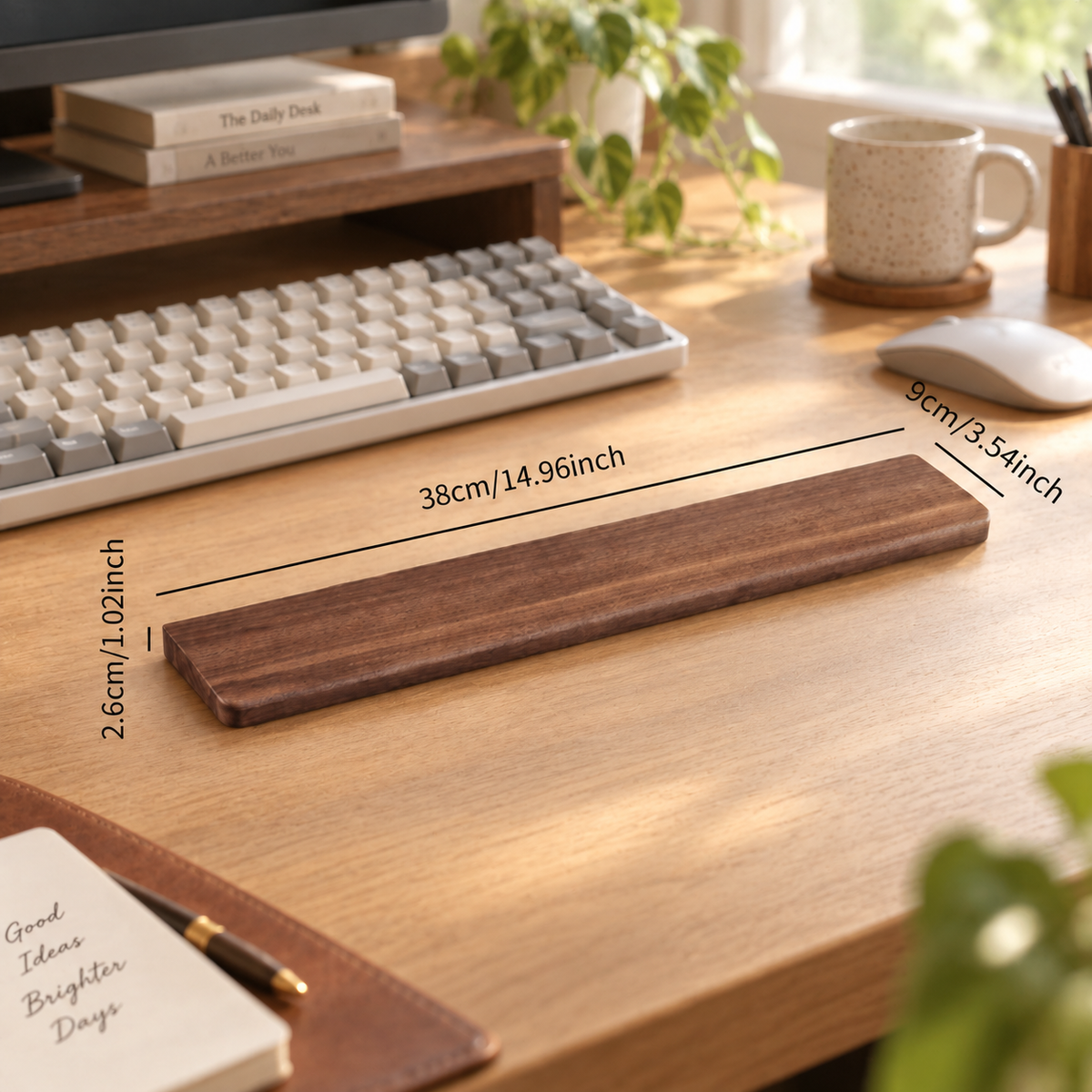 Black walnut keyboard wrist rest styled in a modern desk setup with a mechanical keyboard for everyday typing and computer use.