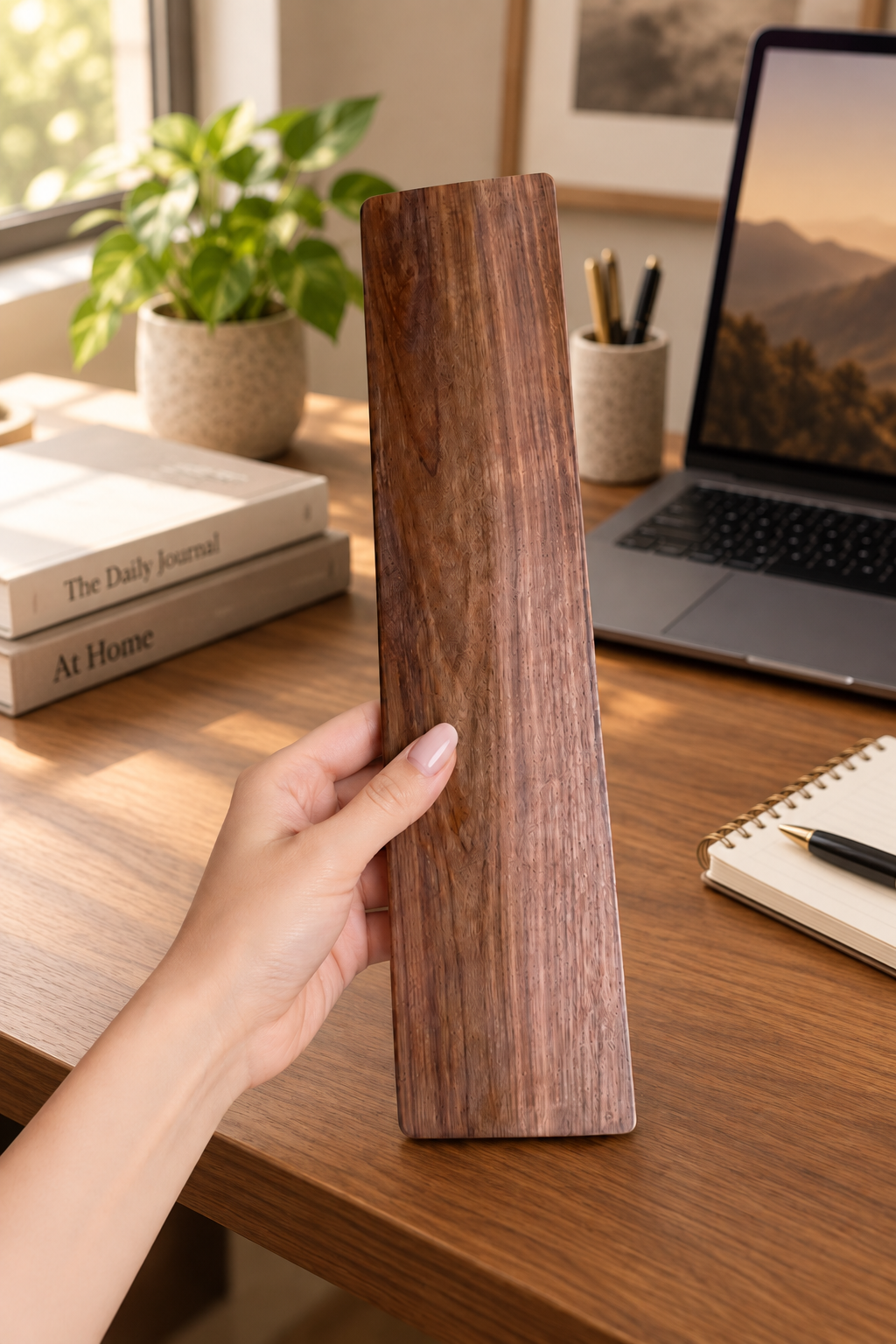 Black walnut wrist rest showing rich natural wood grain and a smooth handcrafted finish.