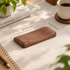 Black walnut mouse wrist rest shown with a size guide for product scale and proportions.