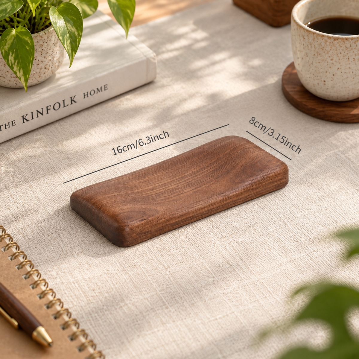 Black walnut mouse wrist rest shown with a size guide for product scale and proportions.