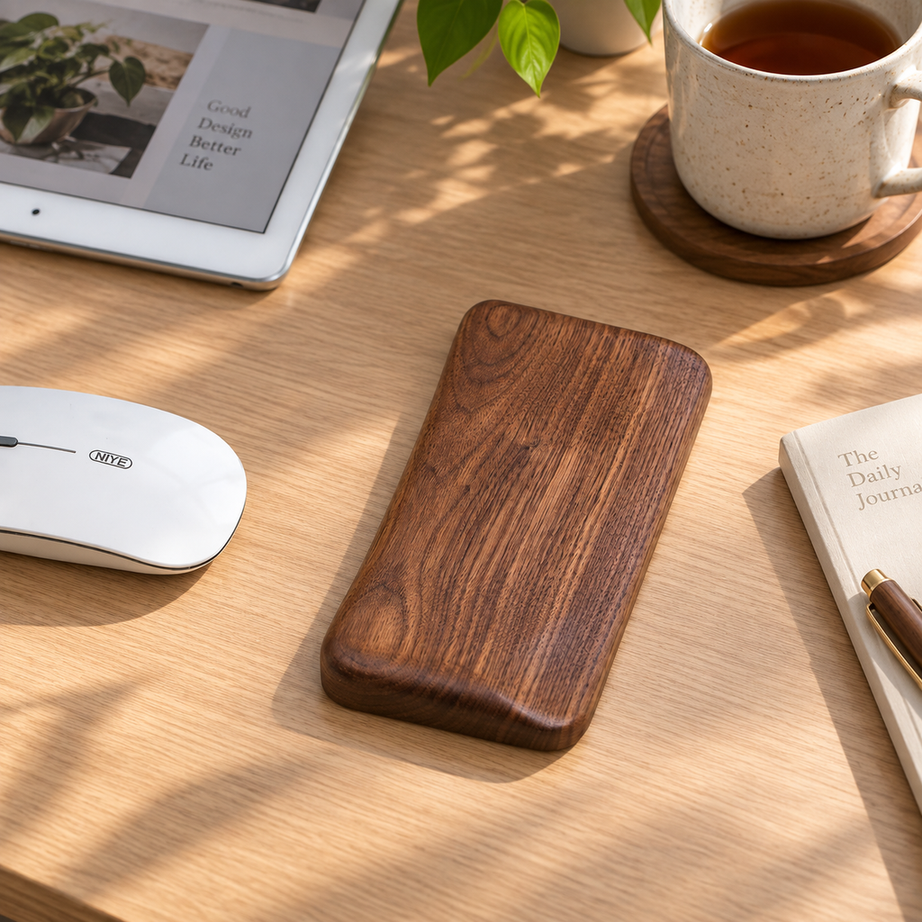 Black walnut mouse wrist rest with a smooth curved shape, displayed on a desk in warm natural light.