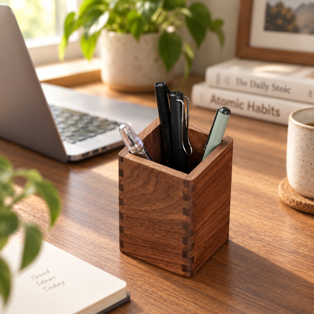 Black walnut pen holder showing rich natural wood grain, visible joinery, and a smooth handcrafted finish.