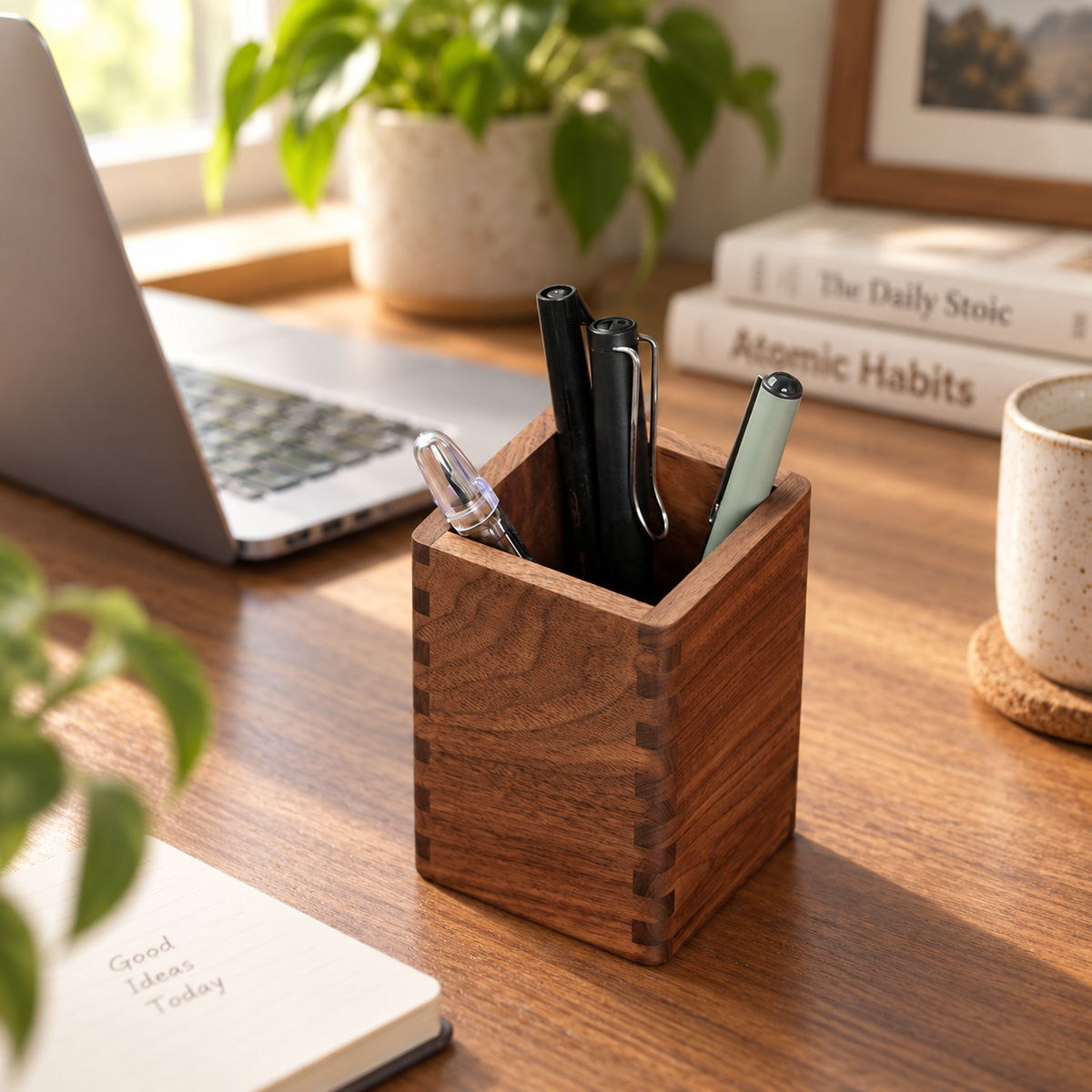 Black walnut pen holder showing rich natural wood grain, visible joinery, and a smooth handcrafted finish.
