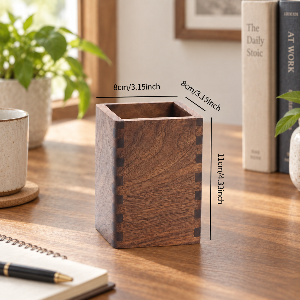 Black walnut pen holder shown with a size guide for product scale and proportions.