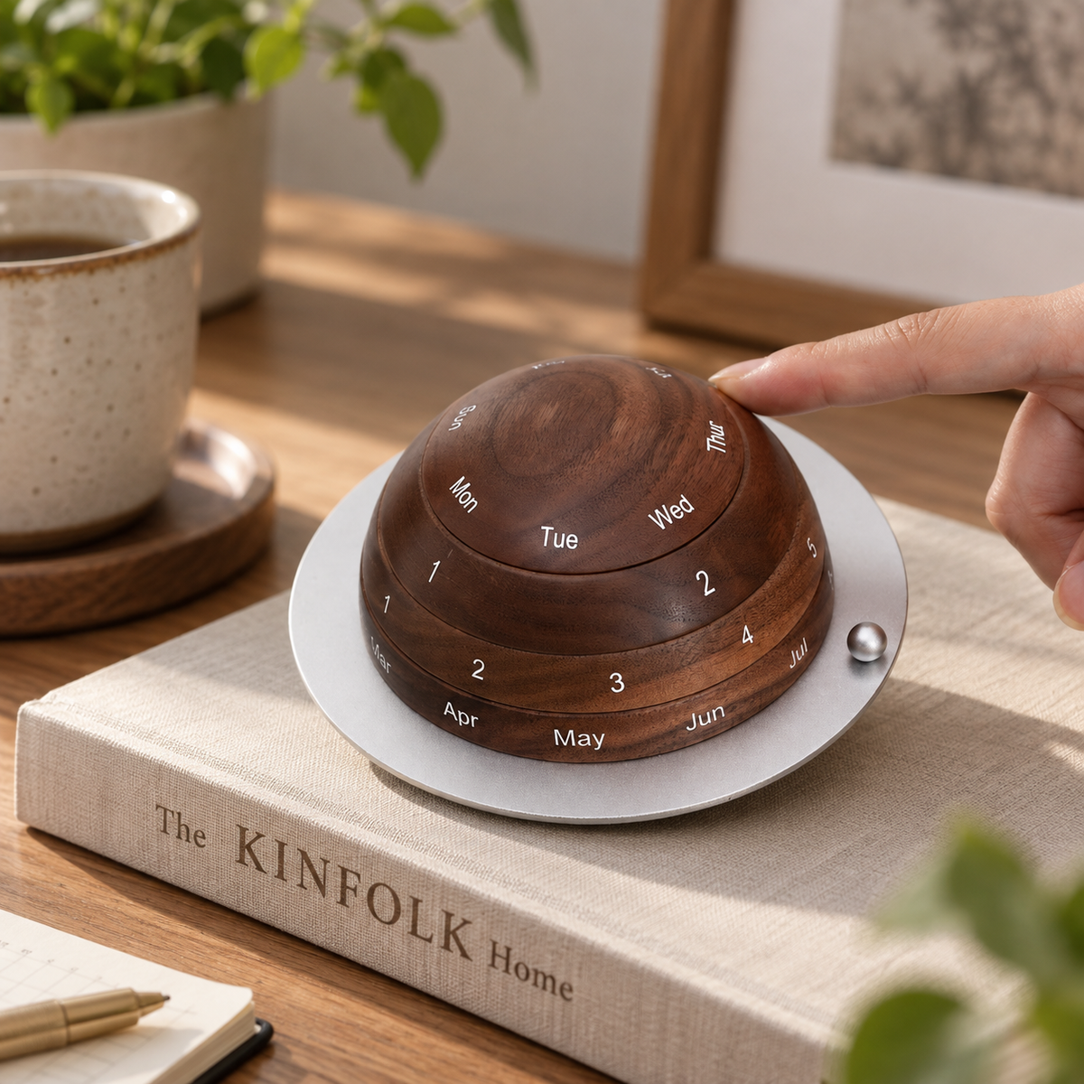 Black walnut perpetual calendar ornament displayed on a desk, featuring a rotating wooden design for showing the month, date, and day.