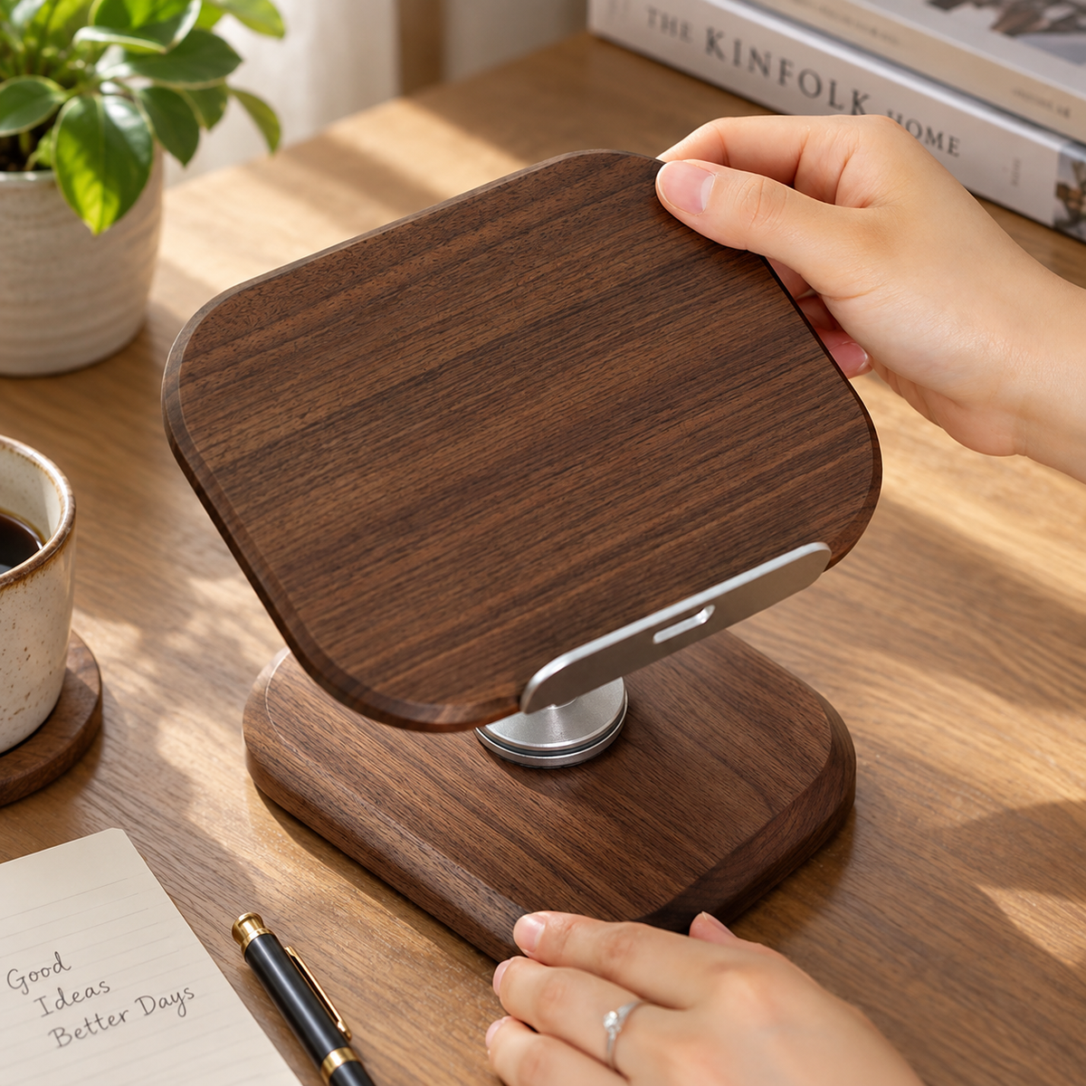 Black walnut phone stand showing rich natural wood grain and a smooth handcrafted finish.