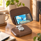 Personalized black walnut phone and tablet stand with engraved "Love You Always" text, displayed on a desk while holding a smartphone.