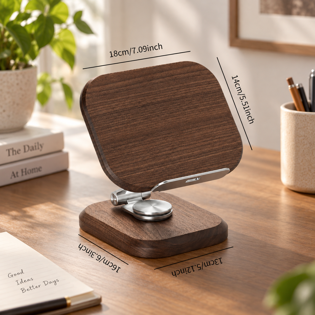 Black walnut phone and tablet stand shown with a size guide for product scale and proportions.