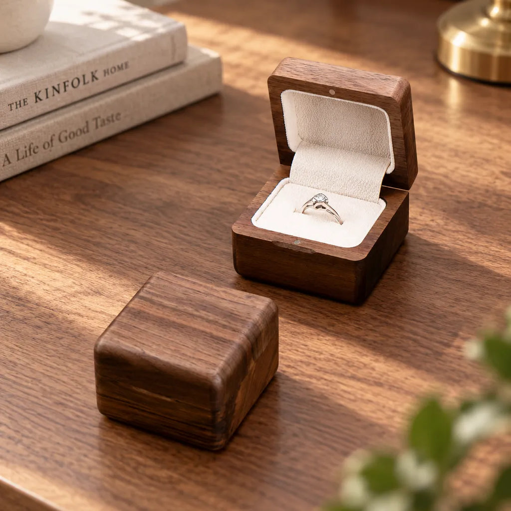 Close-up of a black walnut ring box showing the rich natural wood grain and handcrafted finish.