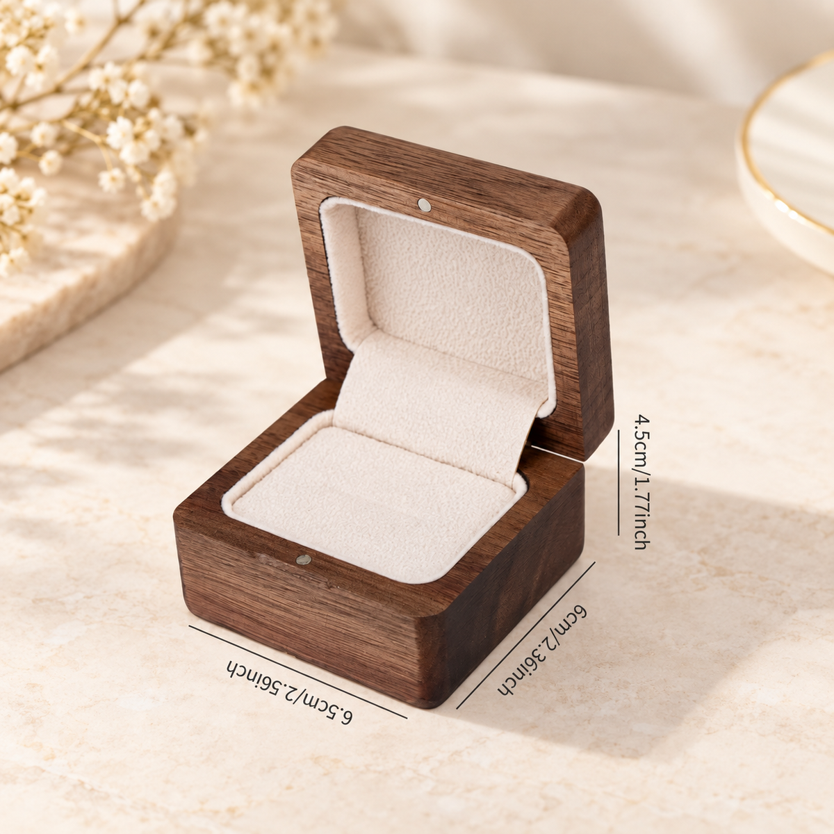 Black walnut ring box shown with a size guide for product scale and proportions.