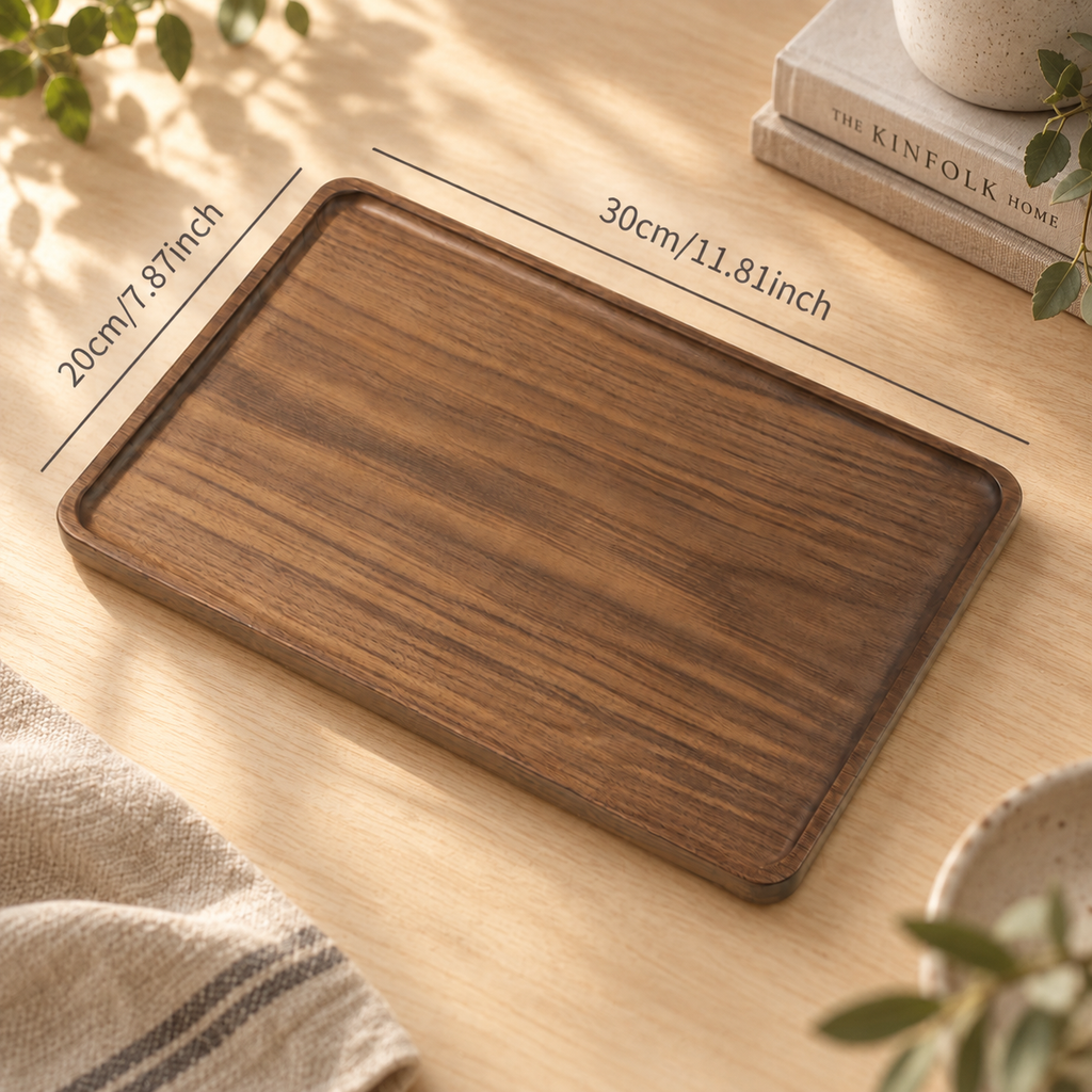 Black walnut serving tray shown with a size guide for product scale and proportions.