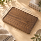 Black walnut serving tray shown with a size guide for product scale and proportions.