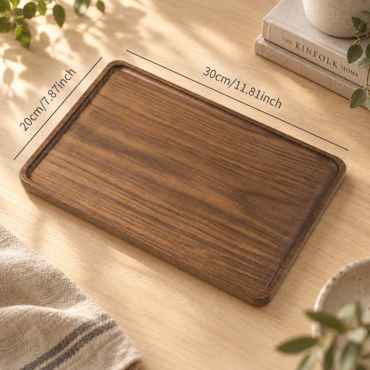 Black walnut serving tray shown with a size guide for product scale and proportions.