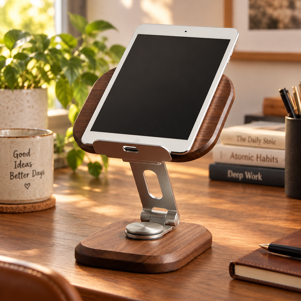 Black walnut tablet holder stand for supporting phones and tablets during reading, streaming, or video calls.