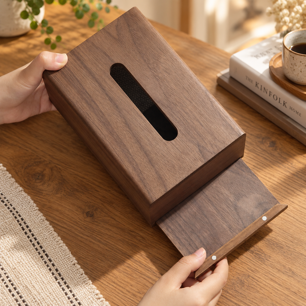 Black walnut tissue box cover showing rich natural wood grain and a smooth handcrafted finish.