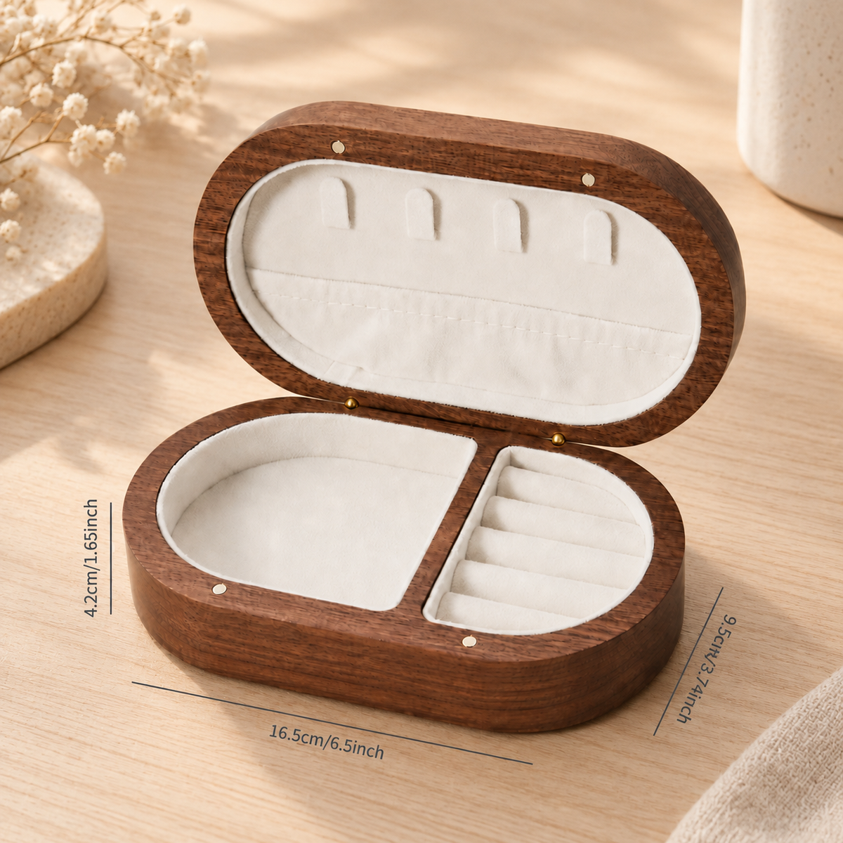Black walnut travel jewelry box shown with a size guide for product scale and proportions.