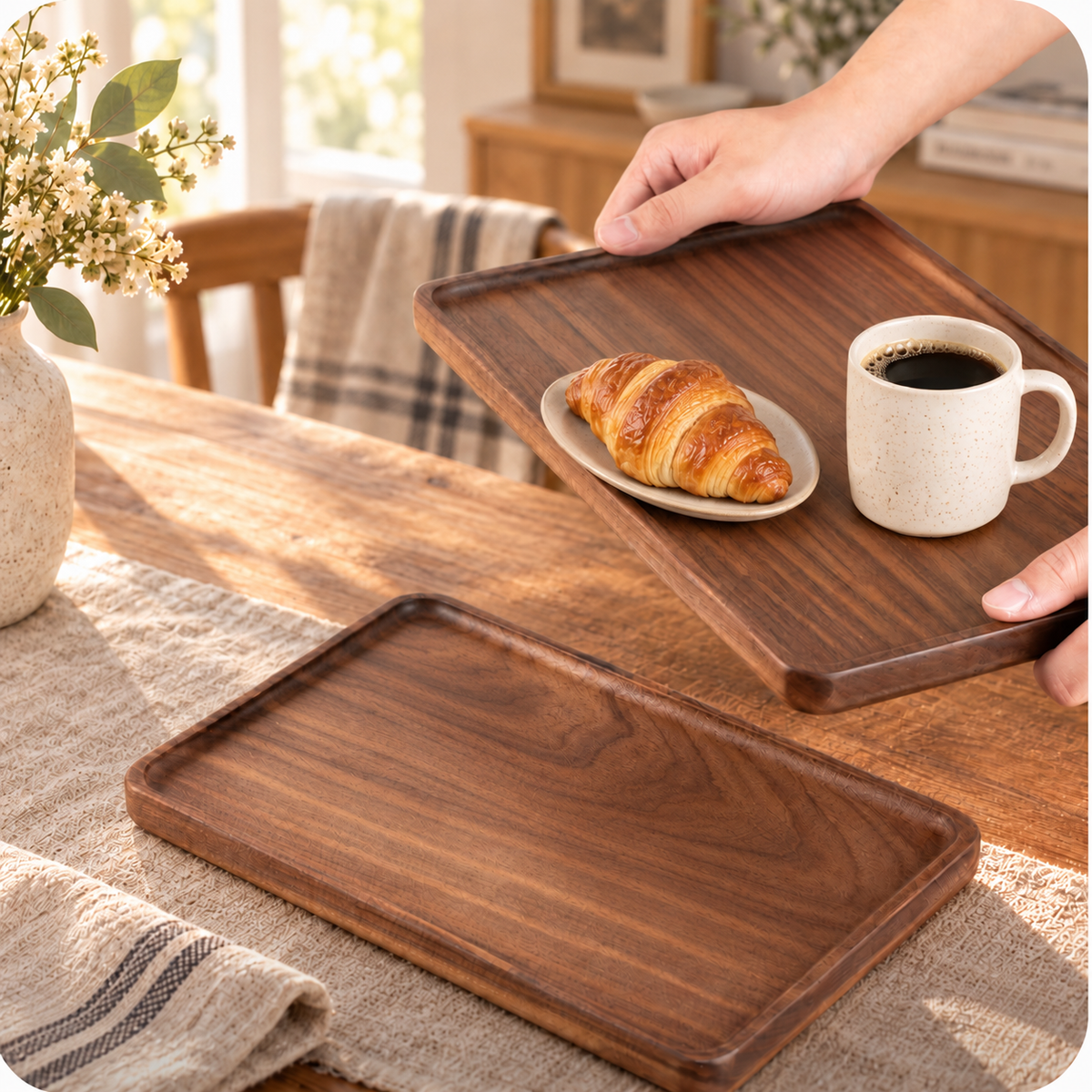 Close-up of a black walnut tray showing rich natural wood grain and a smooth handcrafted surface.