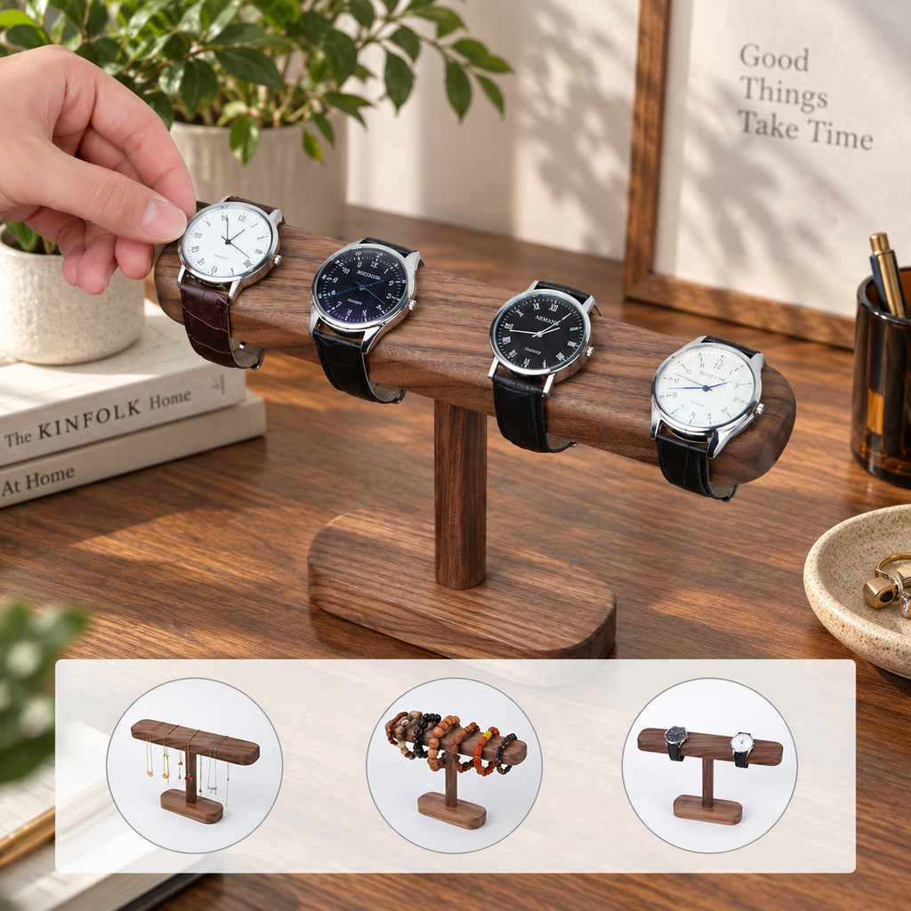Black walnut watch display stand with a solid wood base and horizontal bar for displaying several wristwatches.
