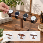 Black walnut watch display stand with a solid wood base and horizontal bar for displaying several wristwatches.