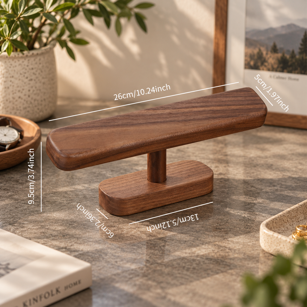 Black walnut watch stand shown with a size guide for product scale and proportions.