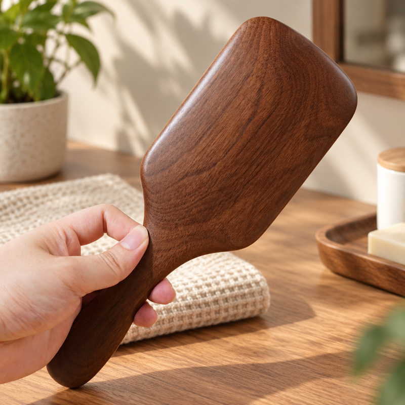 Black walnut wood hair brush beside soft linen in a warm natural hair care setting.