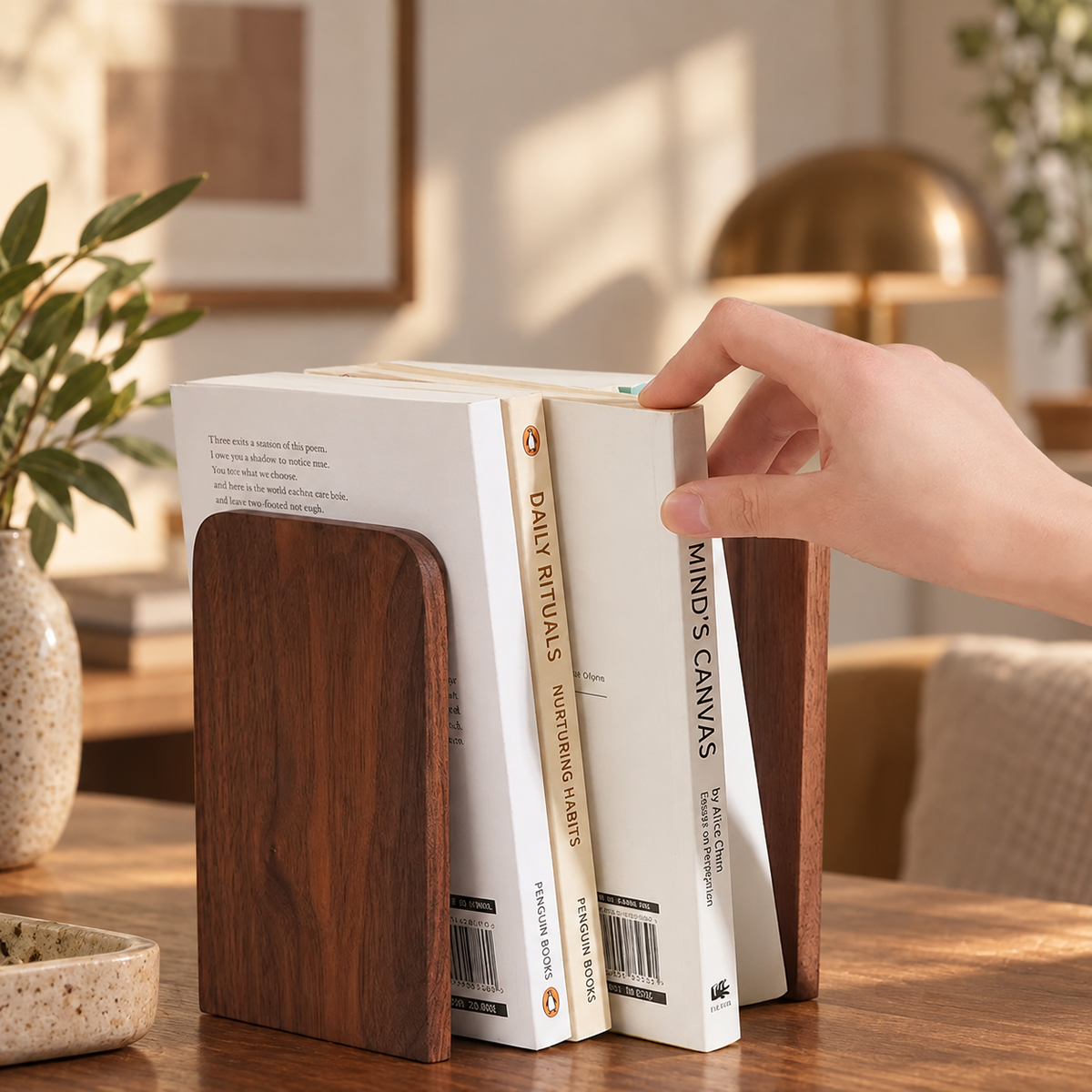 Set of black walnut wooden bookends with rich natural grain and a clean minimalist design.