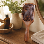 Black walnut wooden paddle hair brush with wooden pins and a natural wood handle.