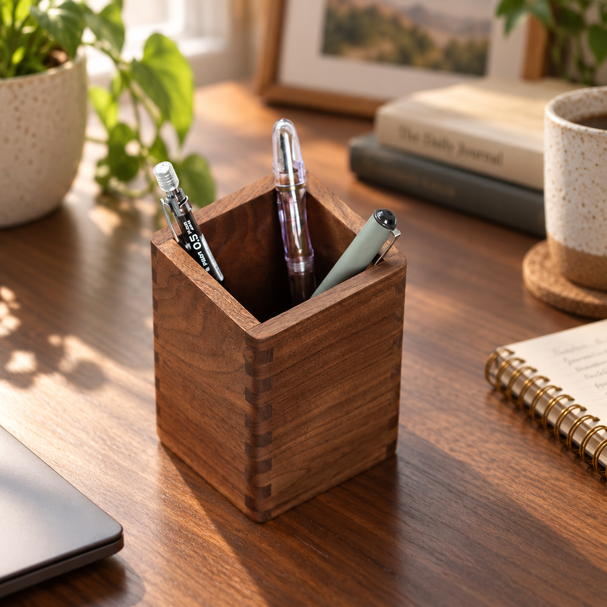 Black walnut wooden pen holder designed for organizing pens, pencils, and small desk essentials.