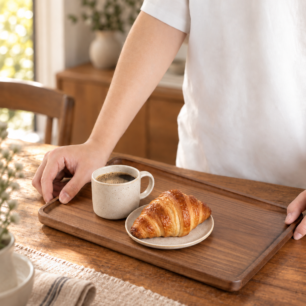 Black walnut wooden serving tray with raised edges for carrying drinks, snacks, and everyday tableware.