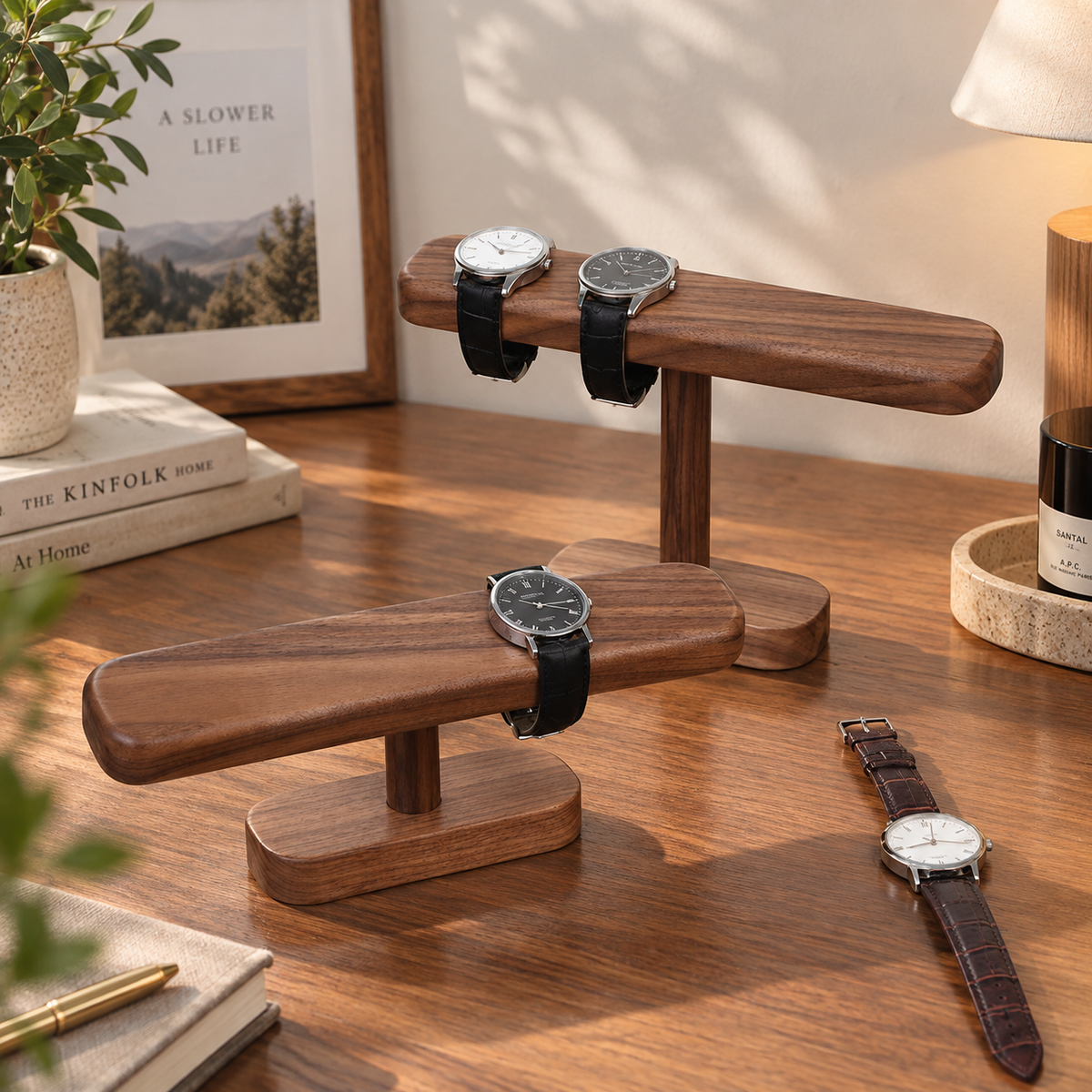 Black walnut wooden watch holder designed to keep watches organized, visible, and easy to access.
