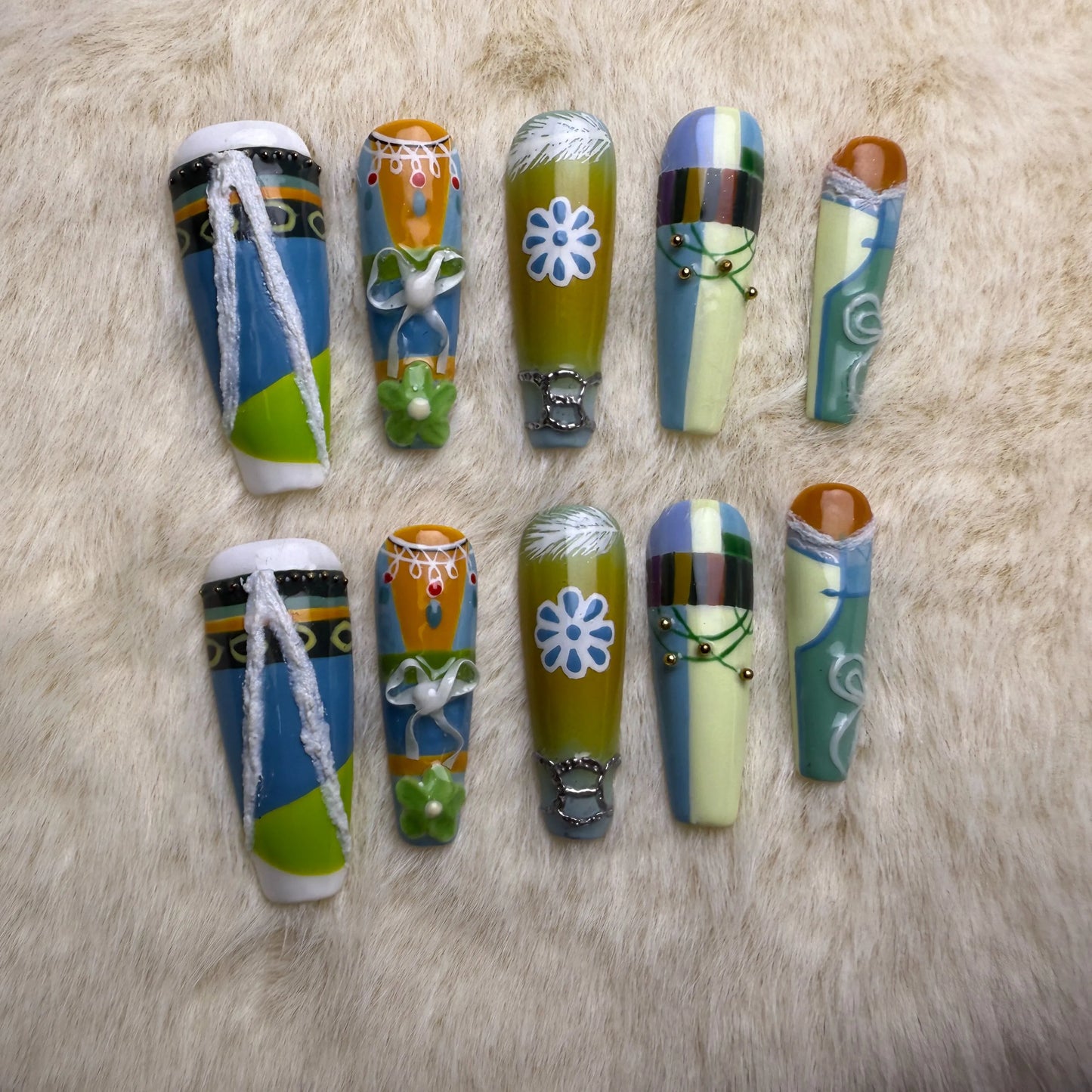 Xiguranail, Handmade press on nails, 3D nail art, blue false nails, reusable press ons, french tip nails