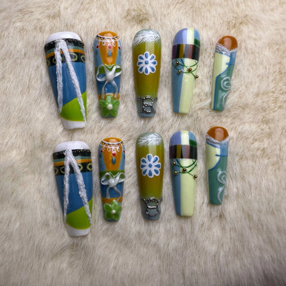 Xiguranail, Handmade press on nails, 3D nail art, blue false nails, reusable press ons, french tip nails