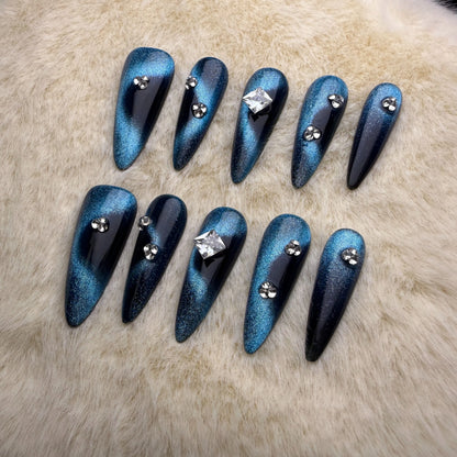 Xiguranail Blue press on nails, diamonds nails, handmade nail art，acrylic nails, french tips nails