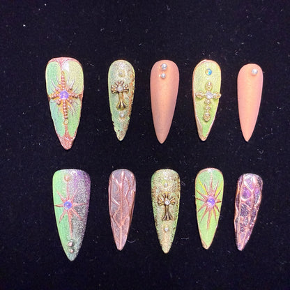 Xiguranail, Green acrylic nails, french tips, french tip nails, 3D nail art, reusable press on nails