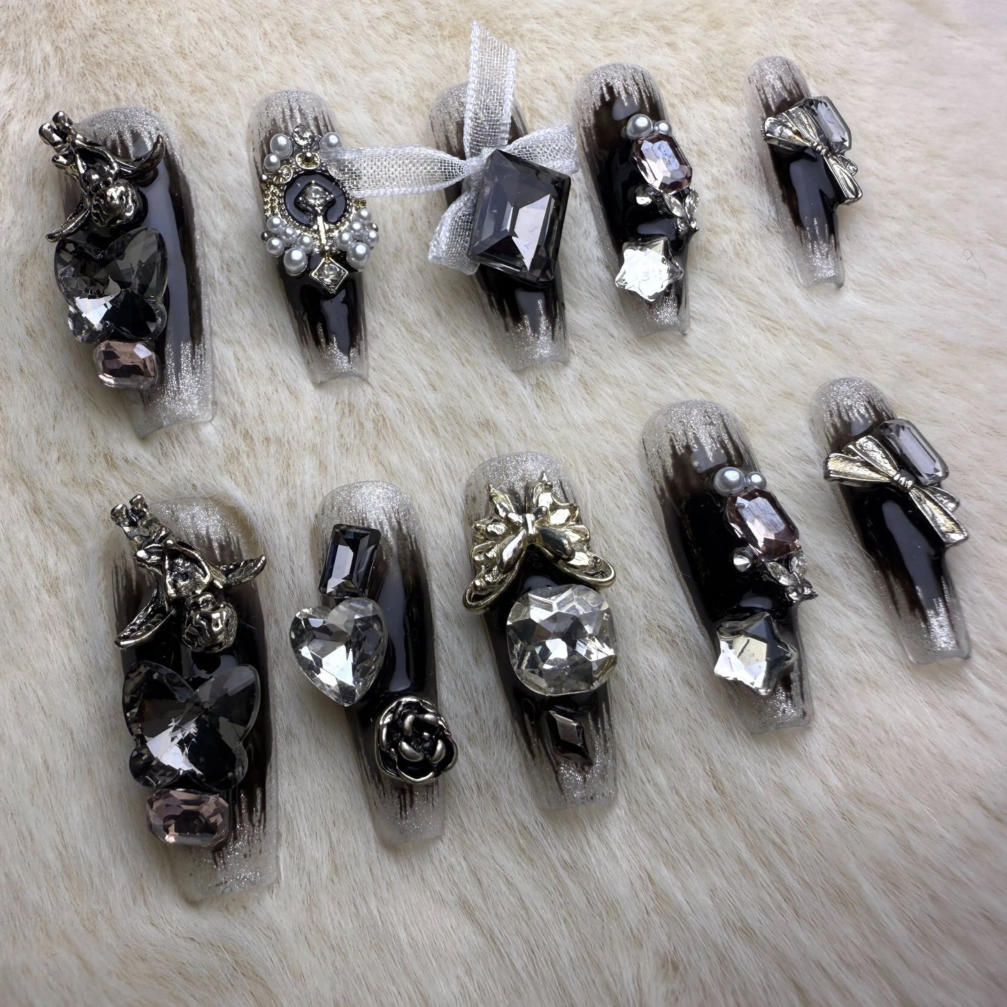 Xiguranail Handmade gel nails, 3D false nails, black press on nails, french nials, french tip nails, reusable press ons