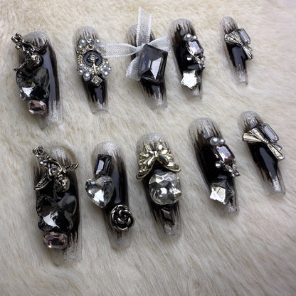 Xiguranail Handmade gel nails, 3D false nails, black press on nails, french nials, french tip nails, reusable press ons