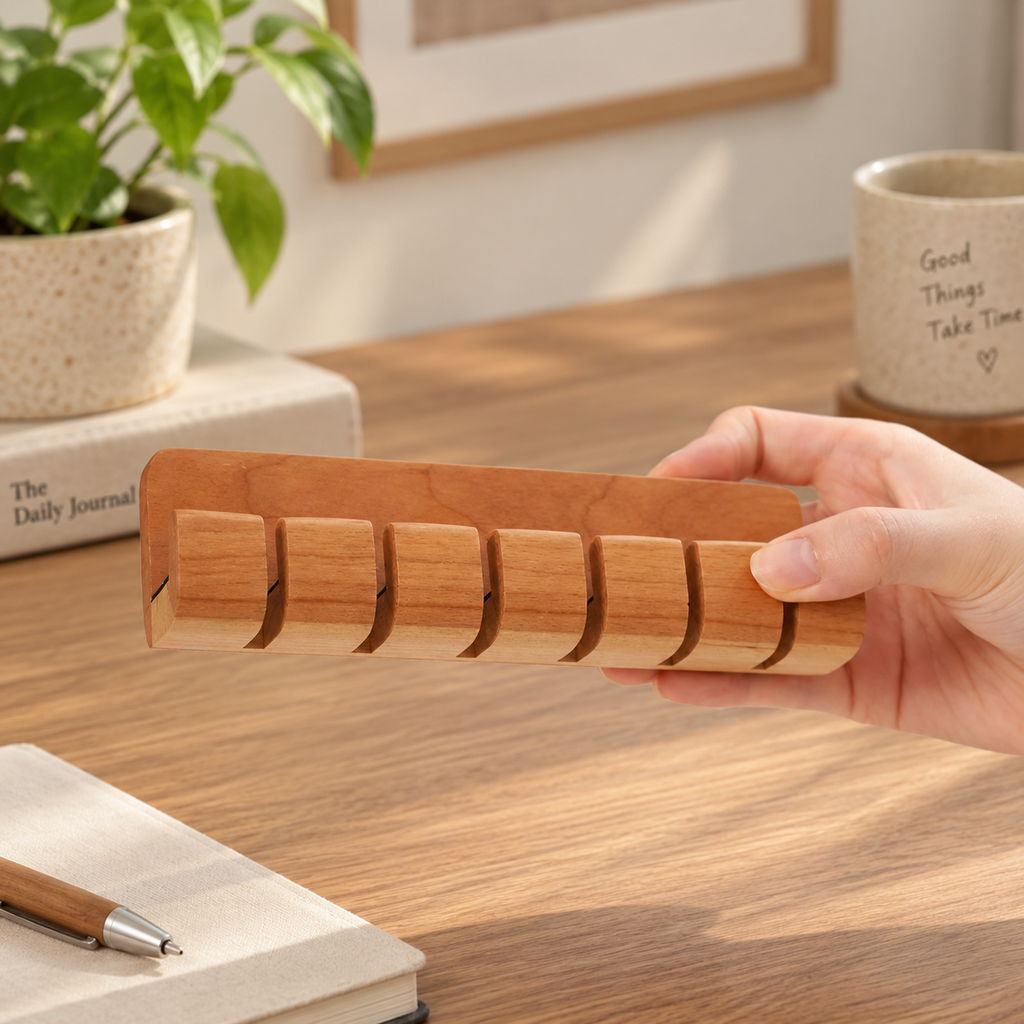 Wooden charging cable organizer designed to keep phone and tablet cables tidy and easy to reach.