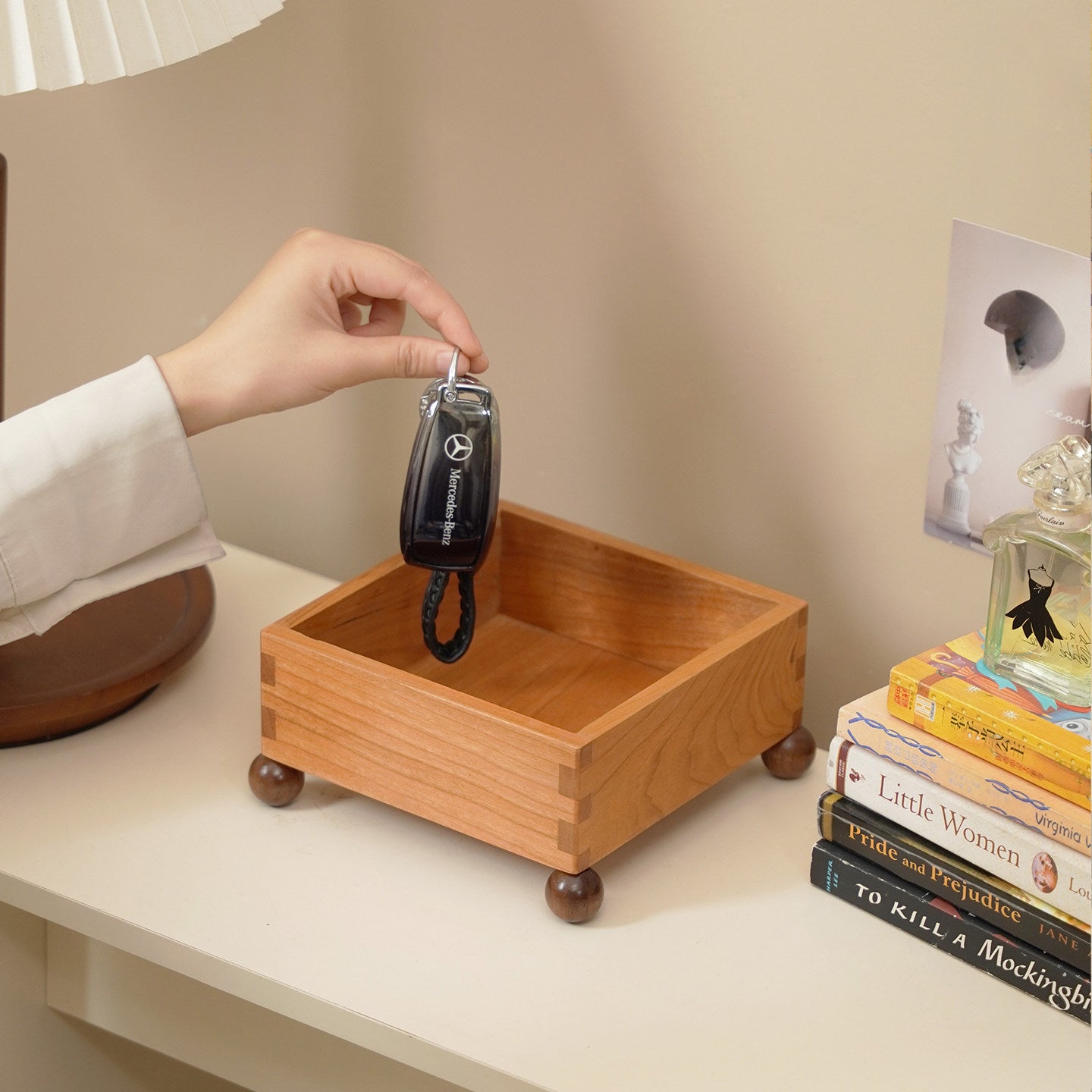Cherry wood catchall organizer for keys, wallets, watches, and small items