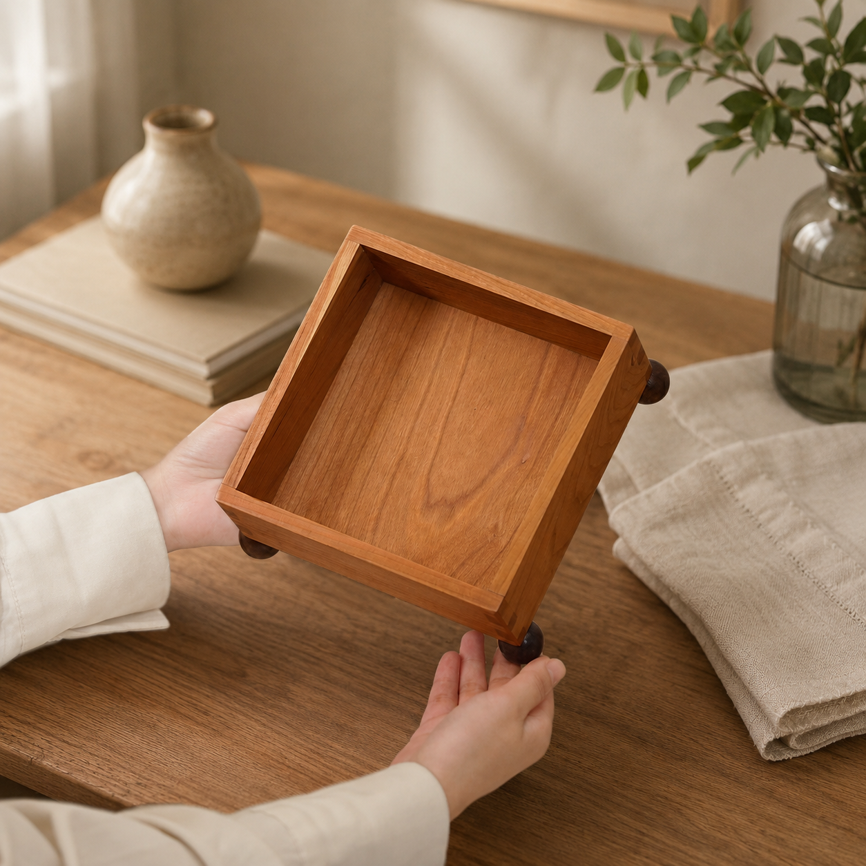 Cherry wood catchall tray with raised sides and small feet for everyday tabletop storage.