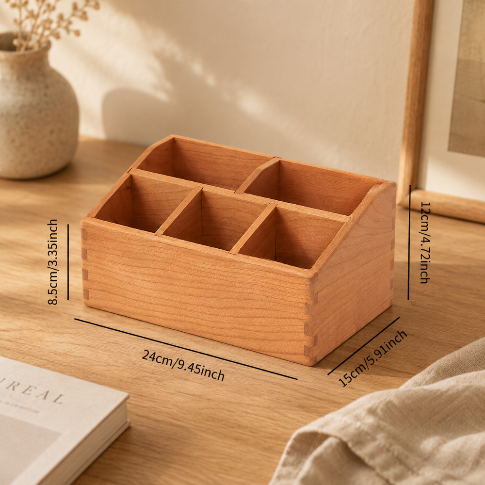 Cherry wood compartment storage box shown with a size guide and multiple divided sections for desktop organization.