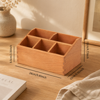 Cherry wood compartment storage box shown with a size guide and multiple divided sections for desktop organization.